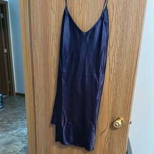 Blue Satin Chemise with V-Neckline and Spaghetti Straps